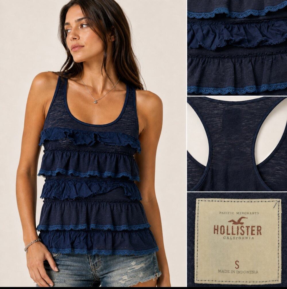 Y2K Indie 2000s Boho Hollister California Tiered Ruffle Racerback Tank Sz S Navy